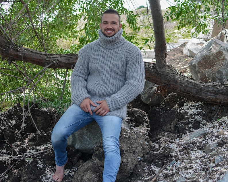 Gray Wool Sweater – Hand-Knitted Ribbed Fisherman Style Warm Jumper T782M image 5