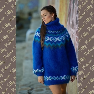Blue Mohair Sweater, Icelandic Sweater, Hand Knit Sweater, Men Mohair Sweater, Norwegian Sweater, Fluffy Huge Sweater, Nordic Sweater  T143