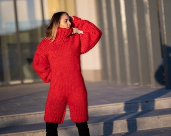 Red Wool and Mohair Catsuit – Hand-Knitted Short-Leg Romper – Soft Fluffy One-Piece Suit – T1305