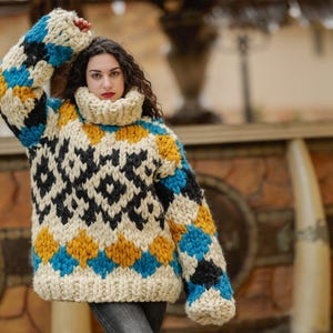 Extra grov isländsk ulltröja, handstickad 10-trådig pullover T1403