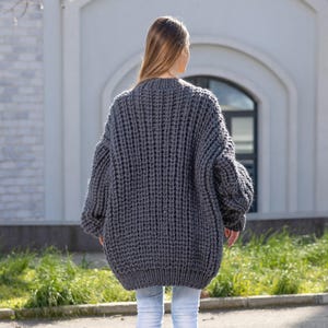 Gray Wool Cardigan – Hand Knitted Fisherman Style English Rib Coat T1021M image 3