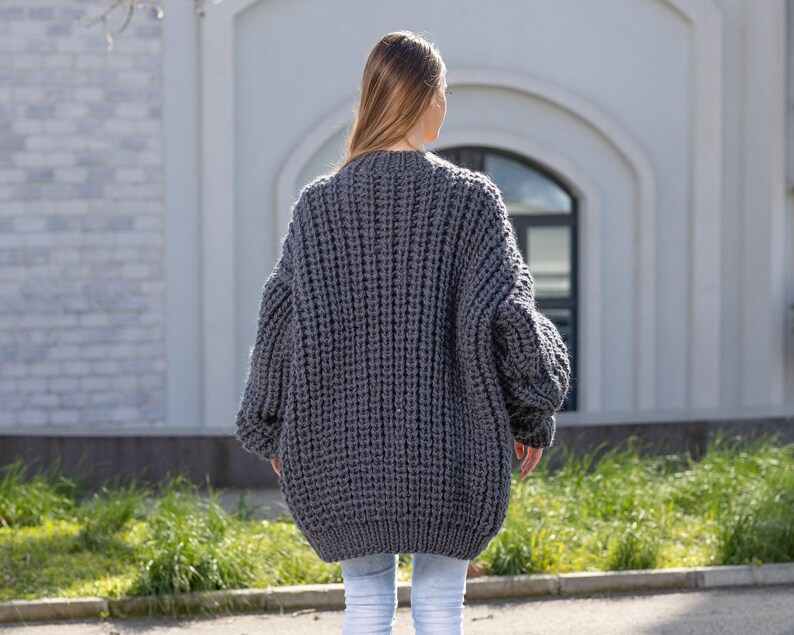 Gray Wool Cardigan – Hand Knitted Fisherman Style English Rib Coat T1021M image 3