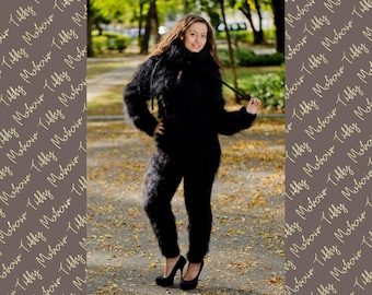 Black Mohair Catsuit – Chunky Hand-Knitted Hooded Full Body Jumpsuit – Fluffy One-Piece Suit – T170