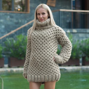 Suéter de lana ecológica, jersey de lana de nido de abeja tejido a mano, jersey grueso de fibra natural T811