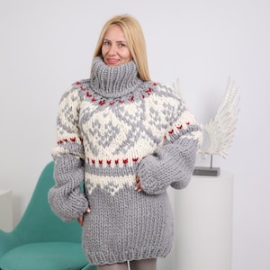 Norwegian Icelandic Wool Sweater | Hand Knitted 5-Strand Chunky Pullover | Nordic Turtleneck Jumper T1916