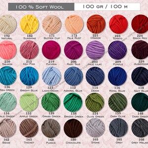 a collection of yarn colors, including soft wool, 100 gr / 100 m, and various shades of wool.