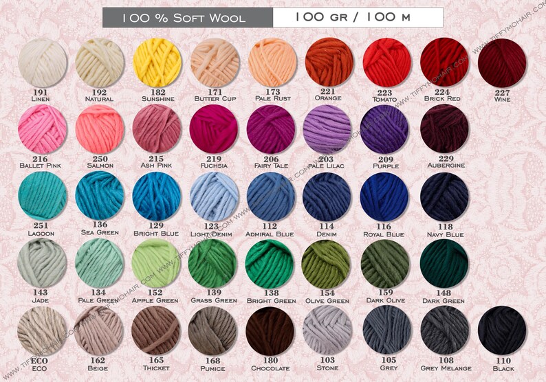 a collection of yarn colors, including soft wool, 100 gr / 100 m, and various shades of wool.