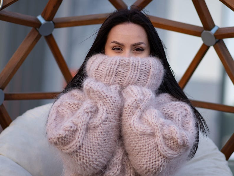 5-Strand Beige Mohair Sweater – Hand-Knitted Cabled Chunky Oversized Pullover T1176 image 8