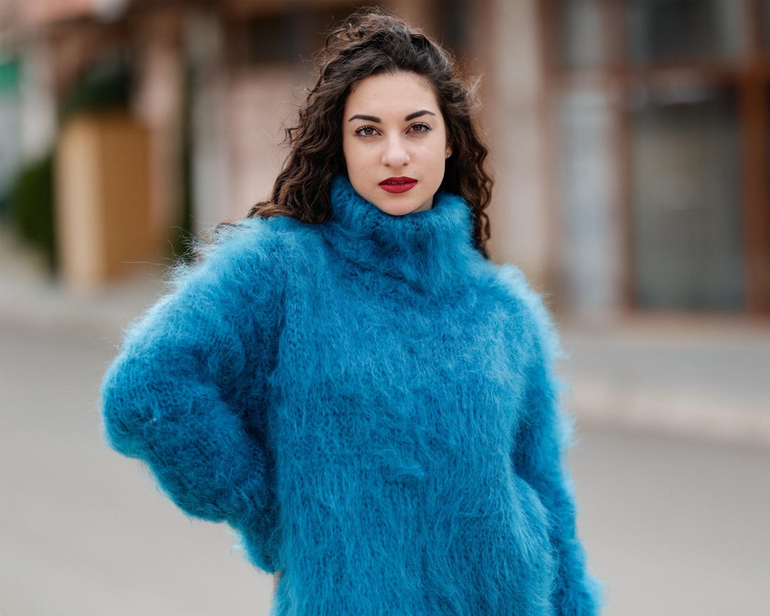 Hand Knitted Blue Mohair Sweater, Chunky Fluffy Turtleneck Jumper