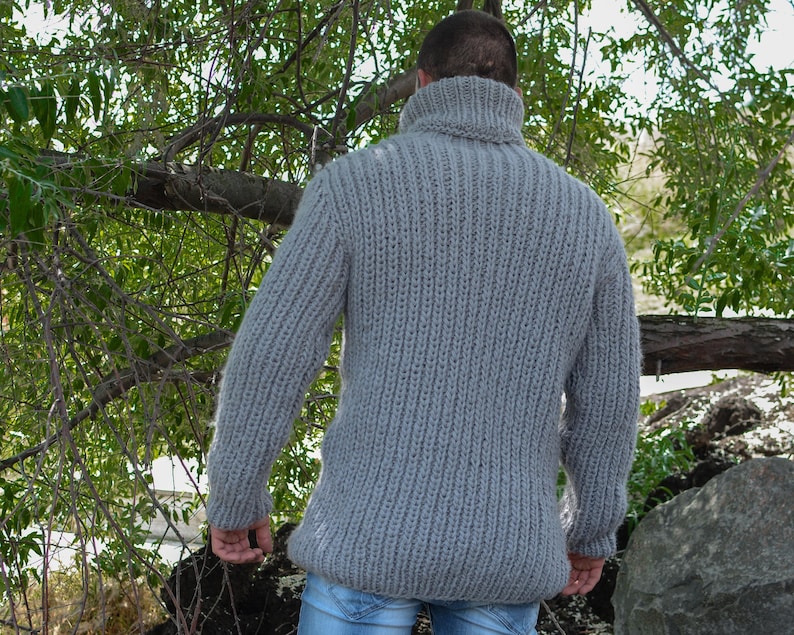 Gray Wool Sweater – Hand-Knitted Ribbed Fisherman Style Warm Jumper T782M image 7