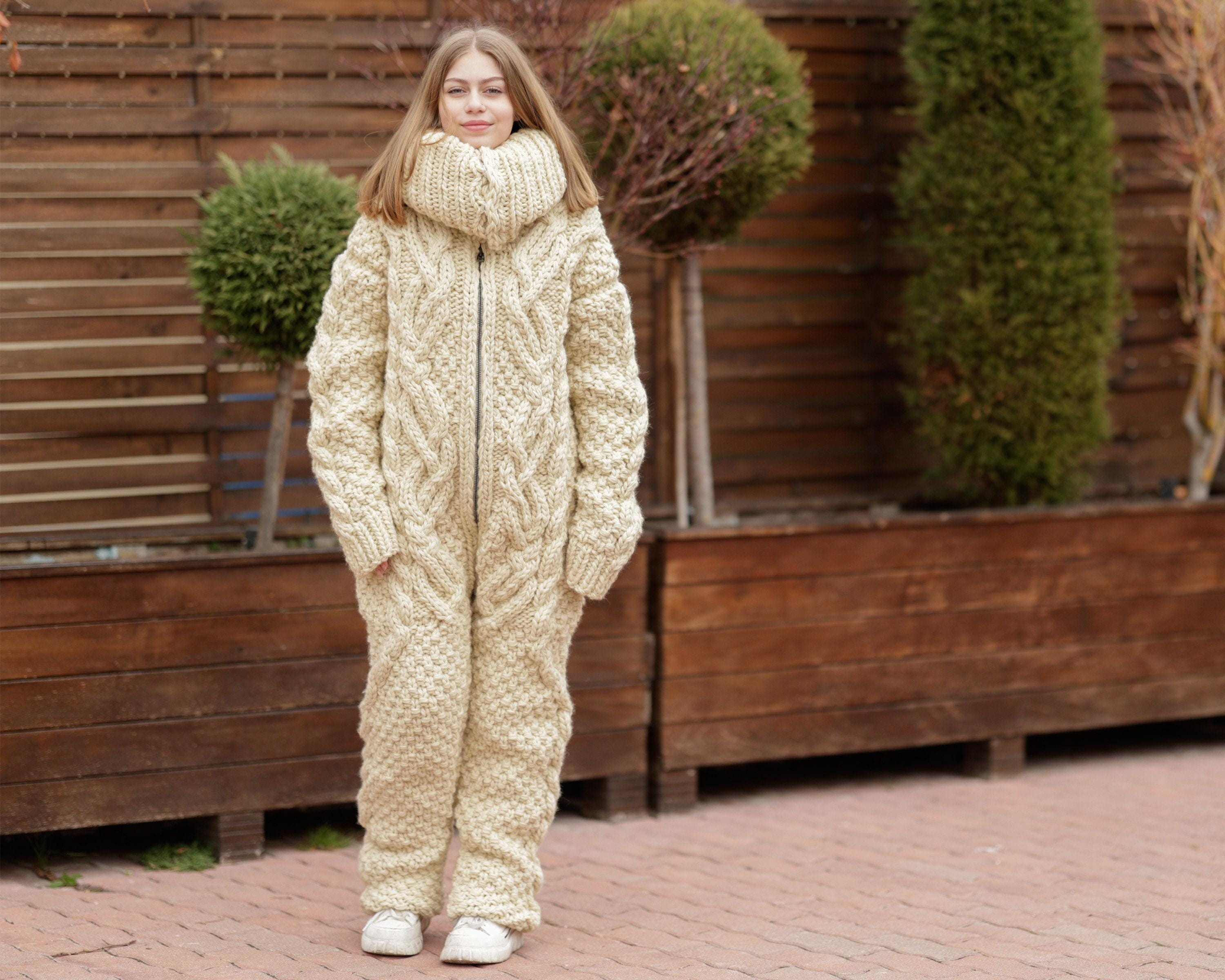 Wool Catsuit – Hand-knitted 100% Wool Cable Knit Full Body Overall