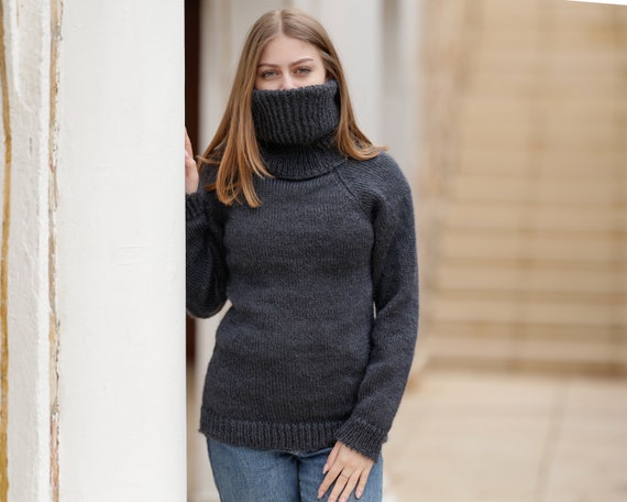 Gray Mohair Turtleneck Sweater, Soft Sensual Winter Jumper