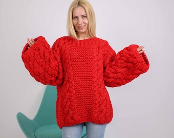 One available in size 6XL, Red Cable Knit Woolen Sweater, Hand Knit Pullover T1883