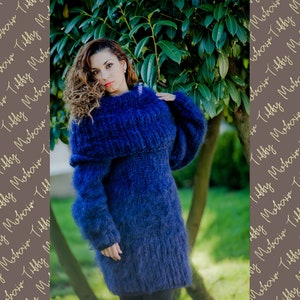 Blue Mohair Dress, Cowl Neck Sweater, Hand Knit Dress, Fluffy Pullover, Maxi Mohair dress, Winter Dress, Oversized Dress, Fetish Dress  T22