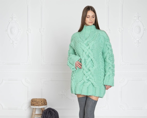 mint green cable knit sweater