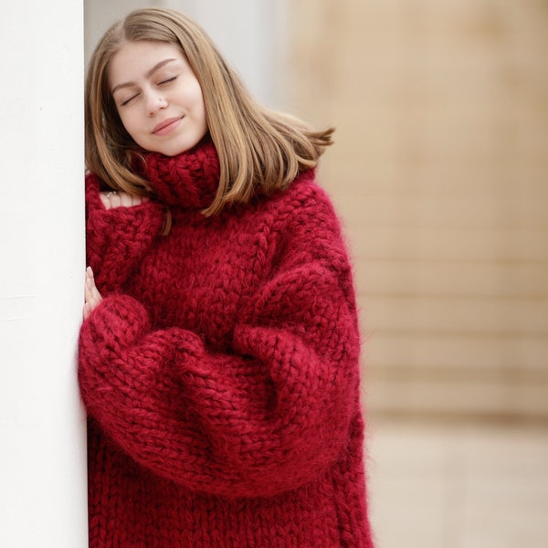 12 strands Huge Turtleneck Mohair Sweater, Chunky Knit Unisex Pullover, Red Fluffy Sweater T1373