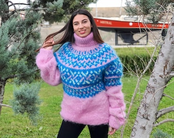 Pink Icelandic Mohair Sweater – Hand Knitted Fluffy Turtleneck Pullover T917