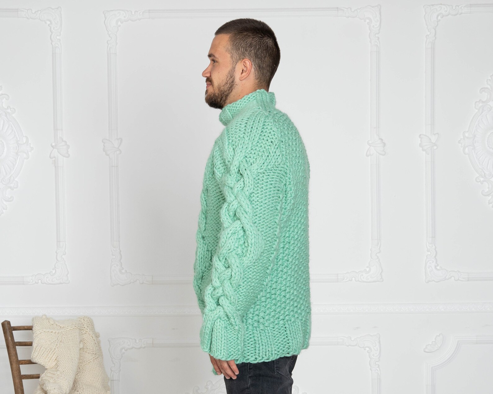 Mint Green Cable Knit Sweater in 3 Strands Men Hand Knit Etsy