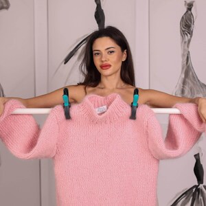 Pink Kid Mohair Sweater, Fluffy Oversized Hand Knitted Pullover T2249