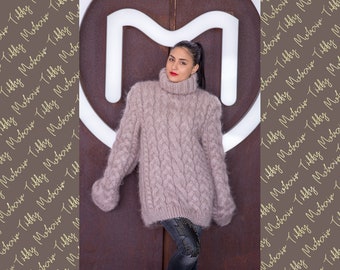 Beige Mohair Sweater, Cables Sweater, Hand Knit Sweater, Crewneck Jumper, Oversized Sweater, Mohair Fetish, Chunky Sweater, Men sweater T516