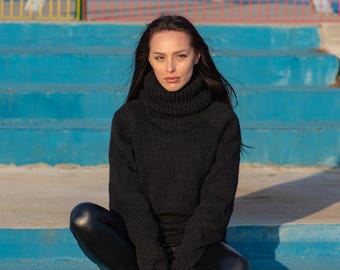 Wool Sweater Black Itchy Knit, Hand Knitted 100% Raw Wool Pullover T1177