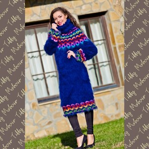 Blue Mohair Dress, Icelandic Dress, Hand Knitted Dress, Sweater Dress, T neck Mohair Dress, Fetish Robe, Fair Isle Dress, Winter Dress T221