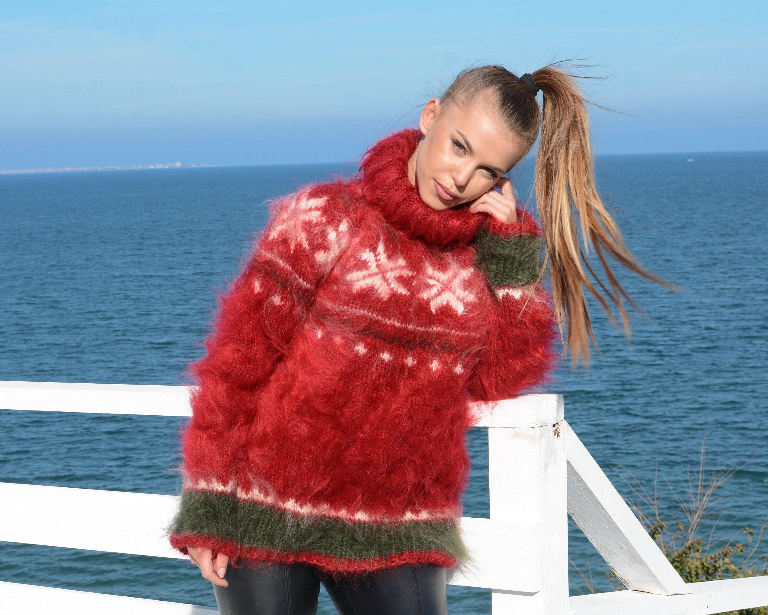 赤いノルウェー産モヘアセーター - 手編みノルディックフェアアイル