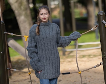 12-Strand Yak Wool Sweater, Hand Knitted Ribbed Chunky Soft Warm Jumper T1285