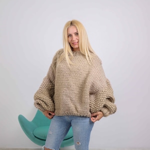 Short Sweater with Oversized Sleeves, Eco Wool Jumper , Extra Wide Sleeves Sweater T1880