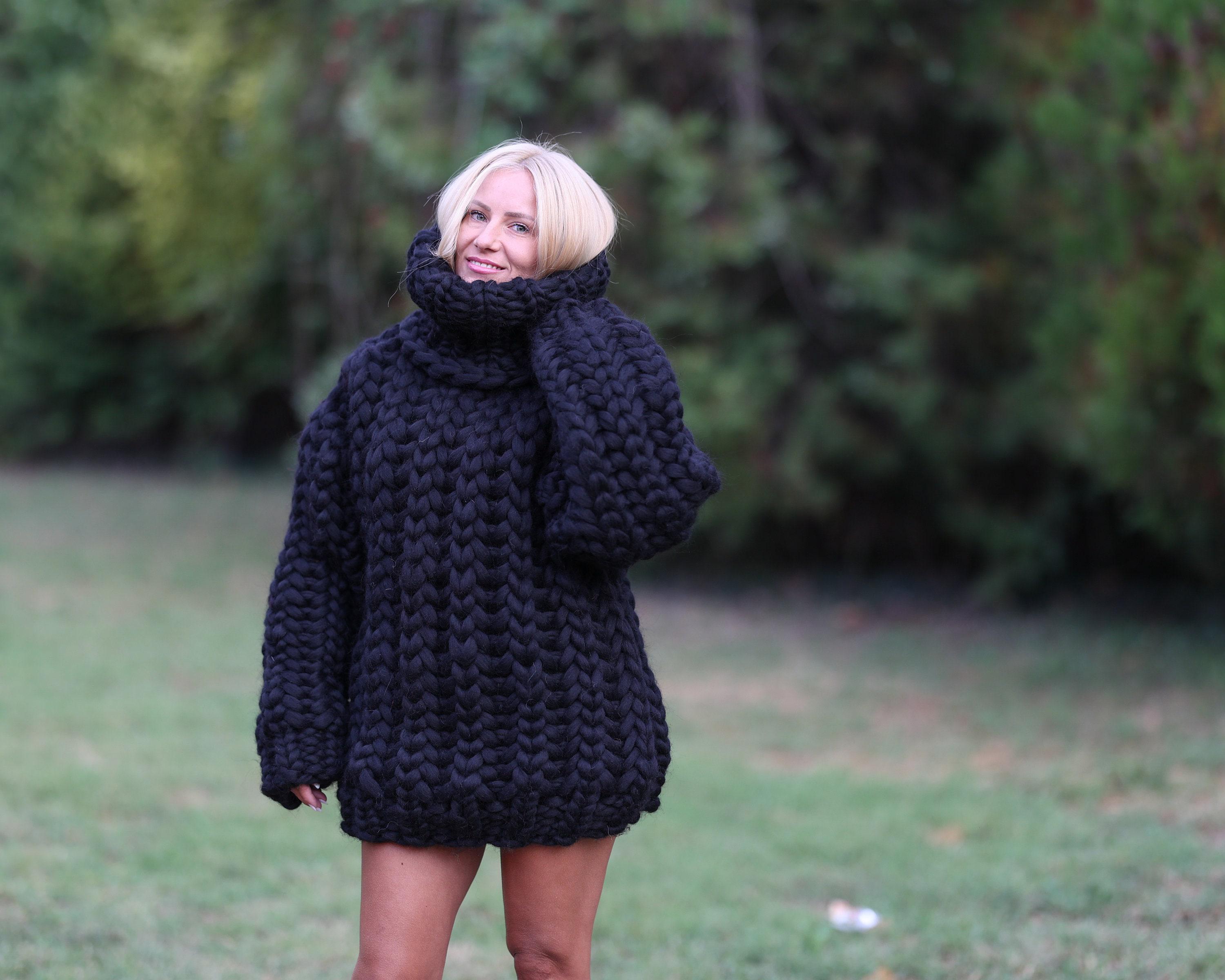 Extra Chunky Black Merino Wool Sweater With 50 Cm Turtleneck, Hand