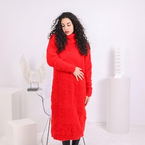 Hand Knit Red Alpaca Sweater Dress, Fluffy Wool Blend T1638