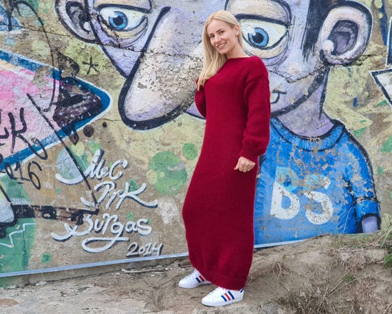 Red Mohair Sweater Dress, Hand Knitted Hairy Maxi Dress with Big Stitches T913