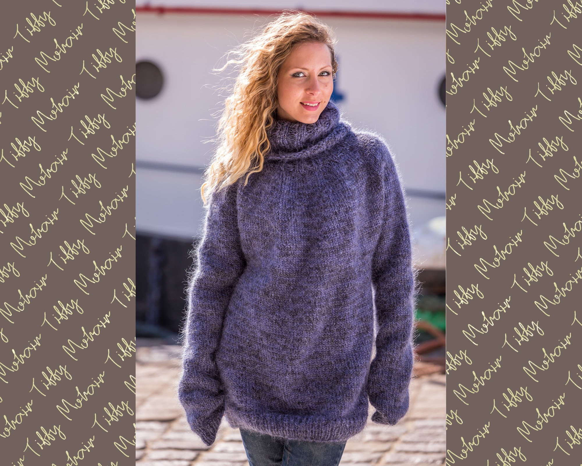 T Neck Gray Sweater , Chunky and Cosy Knitted Mohair Jumper
