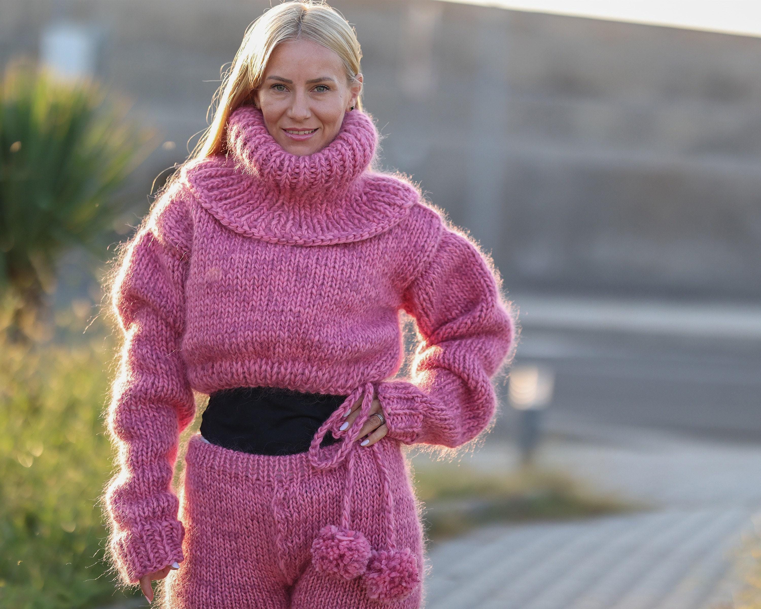 Cropped Pink Mohair Wool Sweater With Wide Neck, Hand Knitted