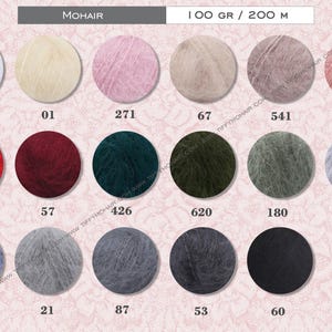 a collection of various yarn colors and textures, including white, pink, beige, gray, red, green, black, and gray.