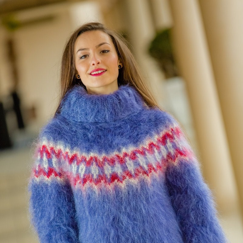 Blue T Neck Icelandic Mohair Sweater Hand Knit Fluffy - Etsy UK