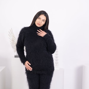 Fluffy Black Mohair Turtleneck sweater, Soft sensual winter jumper with T neck T1589