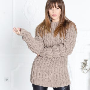 Wool Sweater Moss Green Cable Knit, Hand Knitted Oversized Chunky Pullover T601