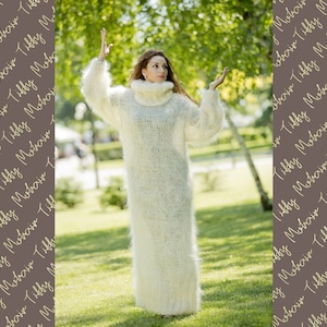 Cream Mohair dress, Hand Knit Dress, Fetish Mohair Dress, Sweater Dress, Turtleneck Dress, Maxi Dress, Loose Knitted Dress, Winter Robe T79
