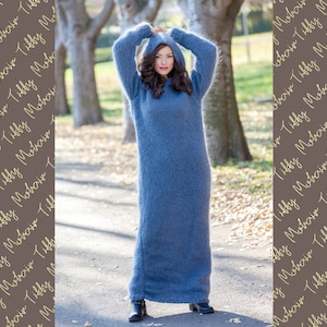 Gray Mohair Dress, Knit Sweater Dress, Turtleneck Maxi Dress, Chunky Mohair Dress, Long Fetish Dress, Hooded Dress , Hand Knitted Dress T390