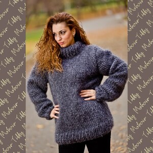 Gray Mohair Sweater, Turtleneck Sweater, Hand Knitted Sweater, Fluffy Sweater, Huge Oversized Sweater, Mohair Fetish, Chunky Sweater T203 image 1