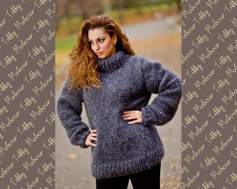 Gray Mohair Sweater, Turtleneck Sweater, Hand Knitted Sweater, Fluffy Sweater, Huge Oversized Sweater, Mohair Fetish, Chunky Sweater T203 image 1