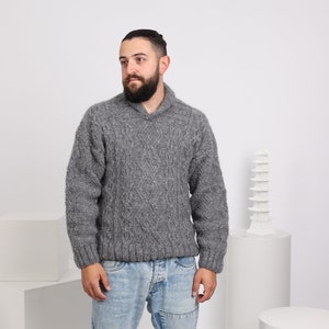 Men Cable knit Sweater, Alpaca Superfine Shawl Neck Jumper T1640