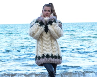 4 kg 15 strands Icelandic Mohair Sweater, Hand Knit Chunky Turtleneck Pullover, Huge Nordic Pullover T675