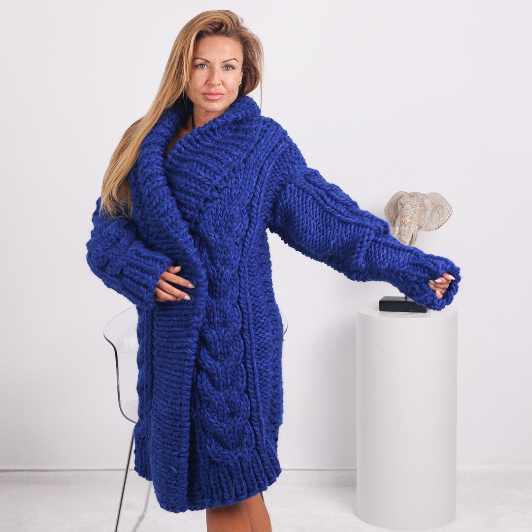 Blue Wool Cardigan – Hand Knitted Cable Knit Sweater T1732 - Etsy
