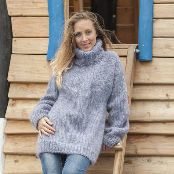 Gray Mohair Sweater Turtleneck Sweater Hand Knitted Sweater T Neck Jumper Oversized Sweater Mohair Fetish Chunky Fluffy Sweater T463 Etsy Canada