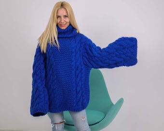 Blue Mohair Wool Sweater, Hand Knitted Cable Pullover with Wide Sleeves T1882
