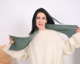 Ready to ship Green Ribbed Mohair Scarf, Soft Shawl, Hand Knitted Scarf, Long Wrap, Fetish Scarf  T1618
