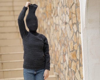 Gray Mohair Turtleneck Sweater – Hand-Knitted Soft Fluffy Pullover with Extra-Long 55 cm Neck T1379
