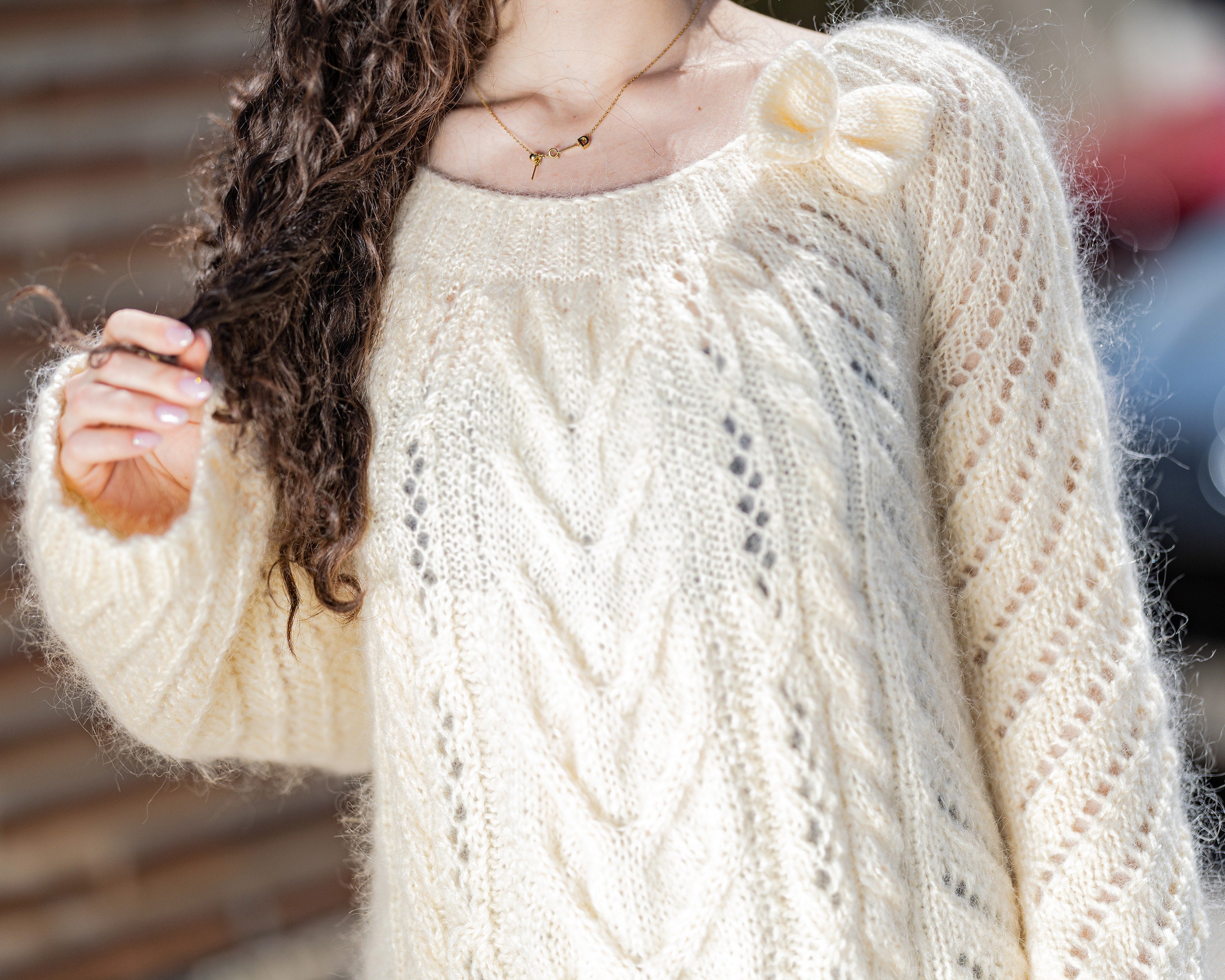 Lace and Cables Elegance: Handknitted Mohair Sweater for Timeless 